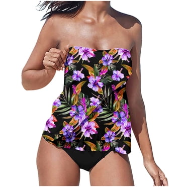 Brnmxoke Tankini Halter Swimsuits for Women Tummy Control 2 Piece Bathing Suits Bandeau Blouson Swim Top with Bottom Beachwear Outfits Multicolor,XL