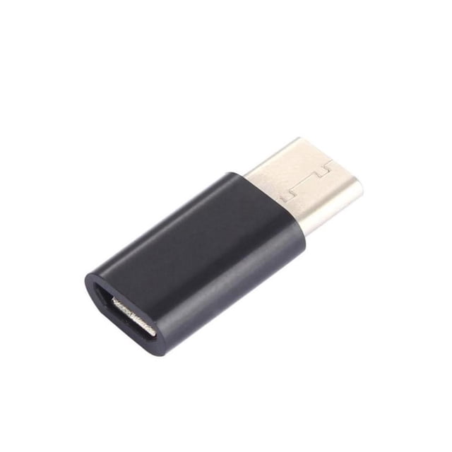 DPTALR 5Pack USB-C Type-C to Micro USB Data Charging Adapter for Samsung Galaxy Note 9. A close-up view of a black adapter with a USB-C male connector and a Micro USB female port, ideal for charging and data transfer. Compatible with Samsung Galaxy Note 9, LG G5, Huawei P9, and other devices. Features a reversible design for easy use and durable materials for reliable performance. Dimensions: 3.5 cm by 1.1 cm.