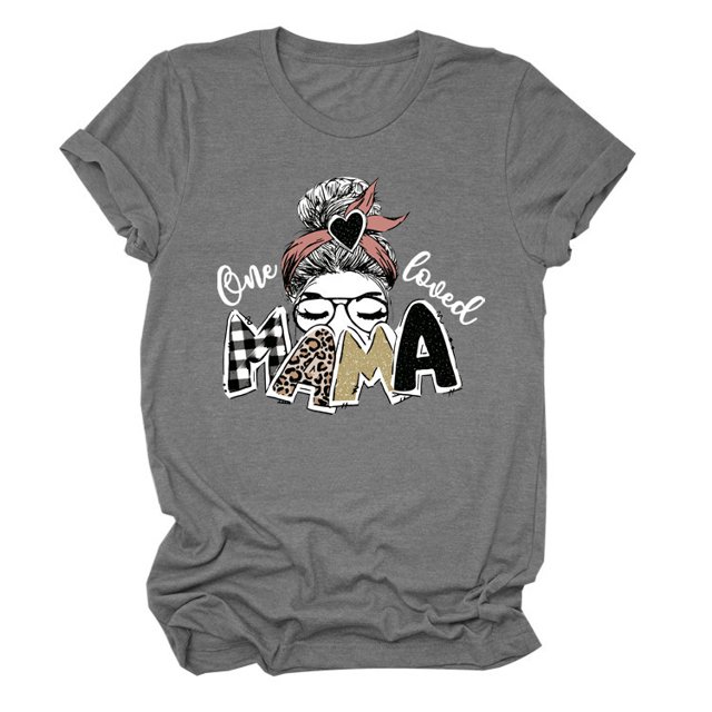 T-shirt Décontracté à Manches Courtes et Col Rond pour Femme avec Lettres « One Loved Mama »