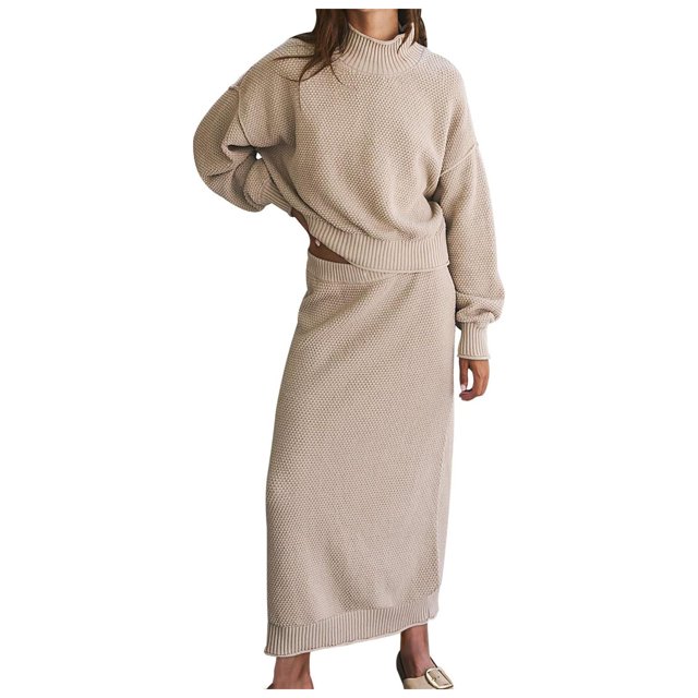 Ensemble Jupe Chandail 2 Pcs pour Femmes - Polyester, Col Montant, Manches Longues - S-TTG