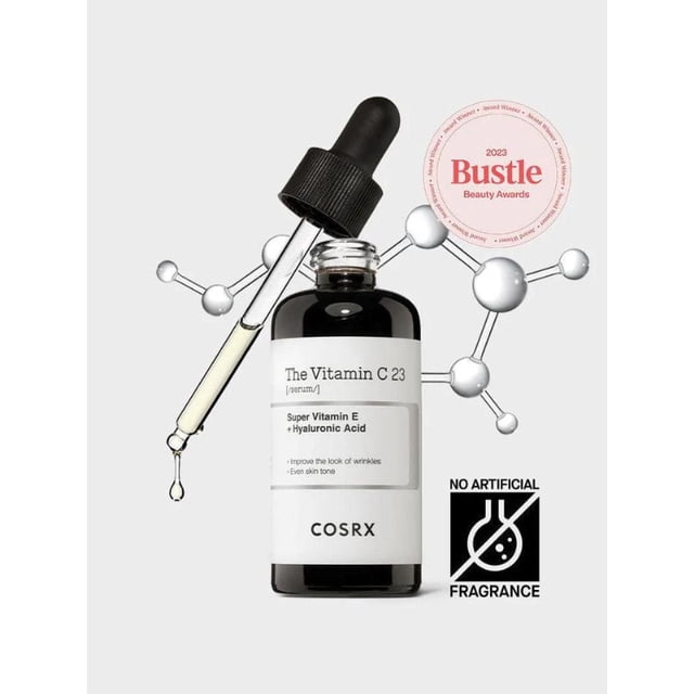 COSRX le Sérum à la Vitamine C 23 en Bouteille de 20 g avec Compte-Gouttes, Sérum Clair Libérant de la Vitamine E et de l'Acide Hyaluronique pour Améliorer les Rides et Unifier le Teint, Accompagné de Graphiques Moléculaires, Écusson de Prix Beauté 2023 « Bustle », et Icône Sans Parfum Artificiel.