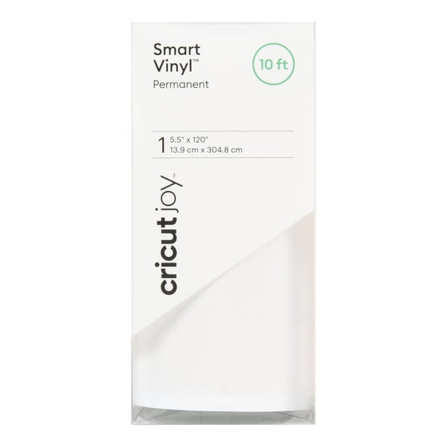 Cricut Joy™ Smart Vinyl™ Permanent Value Roll 10 ft (5.5 inches by 120 inches) in white, packaged in clear plastic with black text, designed for use without a cutting mat to create durable, water- and fade-resistant custom decals and crafts lasting up to 3 years.