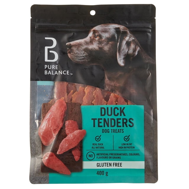 Pure Balance Duck Tenders 400g dog treats package showing a chocolate Labrador retriever profile on a black background, with visible real duck breast pieces on a wooden board through a clear window, labeled gluten-free, all-natural, high protein, and low fat for soft and chewy dog treats.