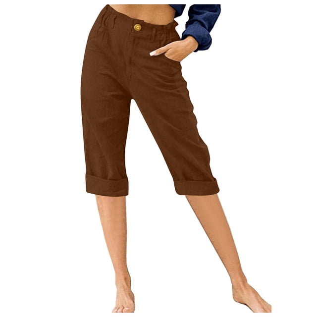 Timegard Womens Capri Pants Straight Leg Elastic Waisted Button Summer Casual Crop Pants with Pockets