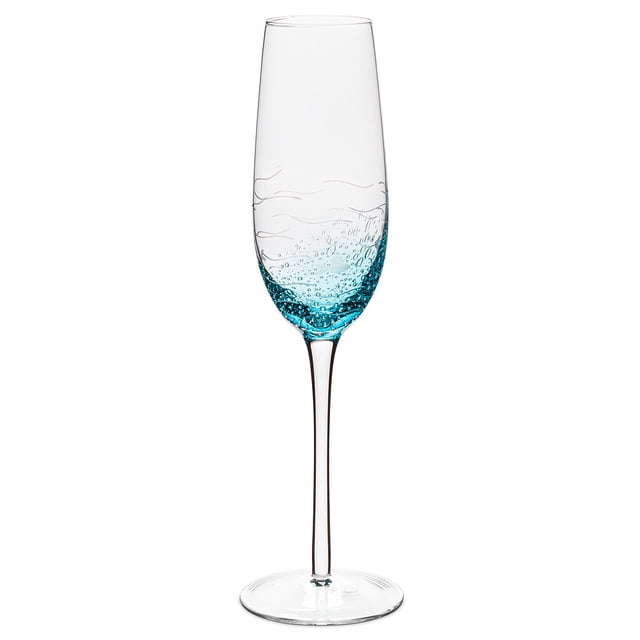 Set of 4 fish-cut aqua blue and clear seeded glass goblets with a 10 oz capacity. Each goblet features a tall, slender stem and a textured aqua blue base with a clear upper portion, showcasing a unique seeded glass design. Ideal for wine or other beverages, perfect for home or entertaining.