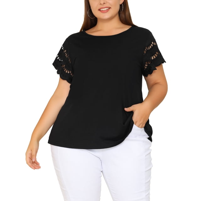 Agnes Orinda Women's Plus Size Tops Lace Panel Short Sleeves Spring Summer Solid Work Blouses in 3X Black. The blouse features a round neck, hollow short sleeves with lace panel detailing, and a regular fit. Styled with white pants, showcasing a casual yet polished look.