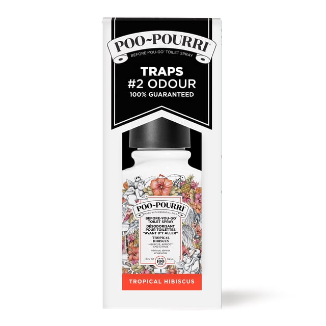 Poo-Pourri Vaporisateur de Toilette Tropical à l'Hibiscus 59 ml avant de Aller aux Toilettes avec Capuchon Noir et Motif floral d'Hibiscus, Pièges #2 Odeur 100 % Garanti, Formule d'Huiles Essentielles Naturelles, Assainisseur d'Air de Salle de Bain Efficace et Éliminateur d'Odeurs Convenant à un Usage Domestique.