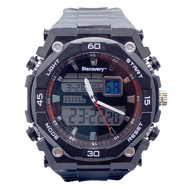 Discovery Men's Multi Function Ana-Digi Watch with black case and red bezel accents, analog hands, digital displays for date, day, and 24-hour time, black rubber strap with stainless steel buckle, 50 meter water resistance, alarm, stopwatch, and multiple function buttons around the case.