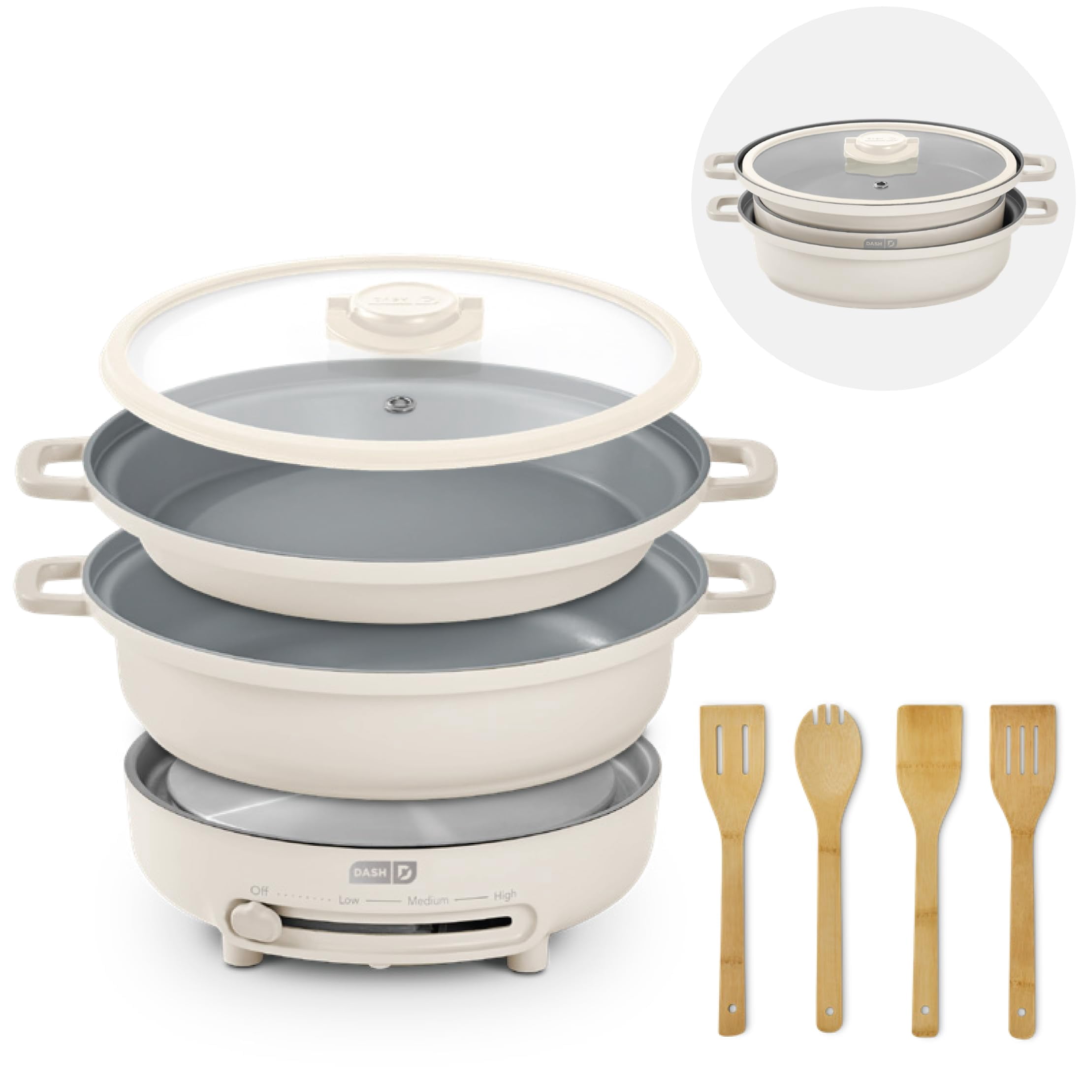 Dash Stacks Stacking Cookware Set with Electric Burner - Features CleanCoating Ceramic Nonstick Coating - Versatile Nestable Pieces - Convenient Storage - Cream 8-Piece