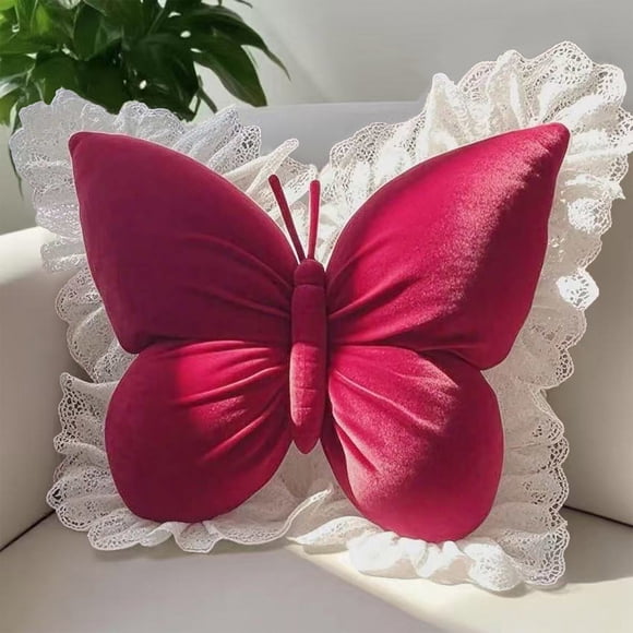 Seyotauo Butterfly Shaped Throw Pillow, Soft Butterfly Stuffed Seat Cushion Pad, 20 inch Velvet Butterfly Decorative Pillow with Lace Trim, Animal Pillow for Couch Living Room Bed,Home Garden Decor