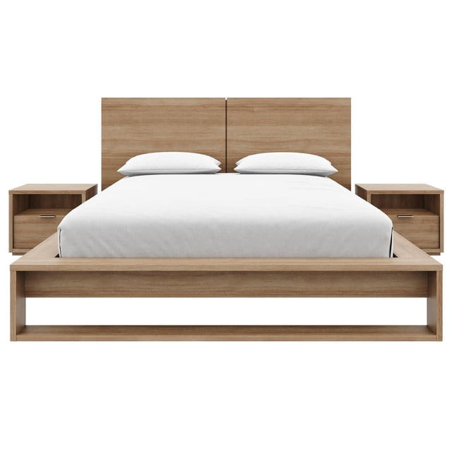 Audrey 4 Piece Bedroom Set with Headboard, Slatted Bedframe, 2 Nightstands crafted from engineered wood with a textured melamine oak finish. The set includes a modern slatted headboard, a low-profile bed frame with open rectangular base supporting mattress without box spring, and two nightstands each with one drawer and open storage space, shown front-facing with white bedding on a white background. It is ideal for bedrooms seeking minimalist, durable furniture.