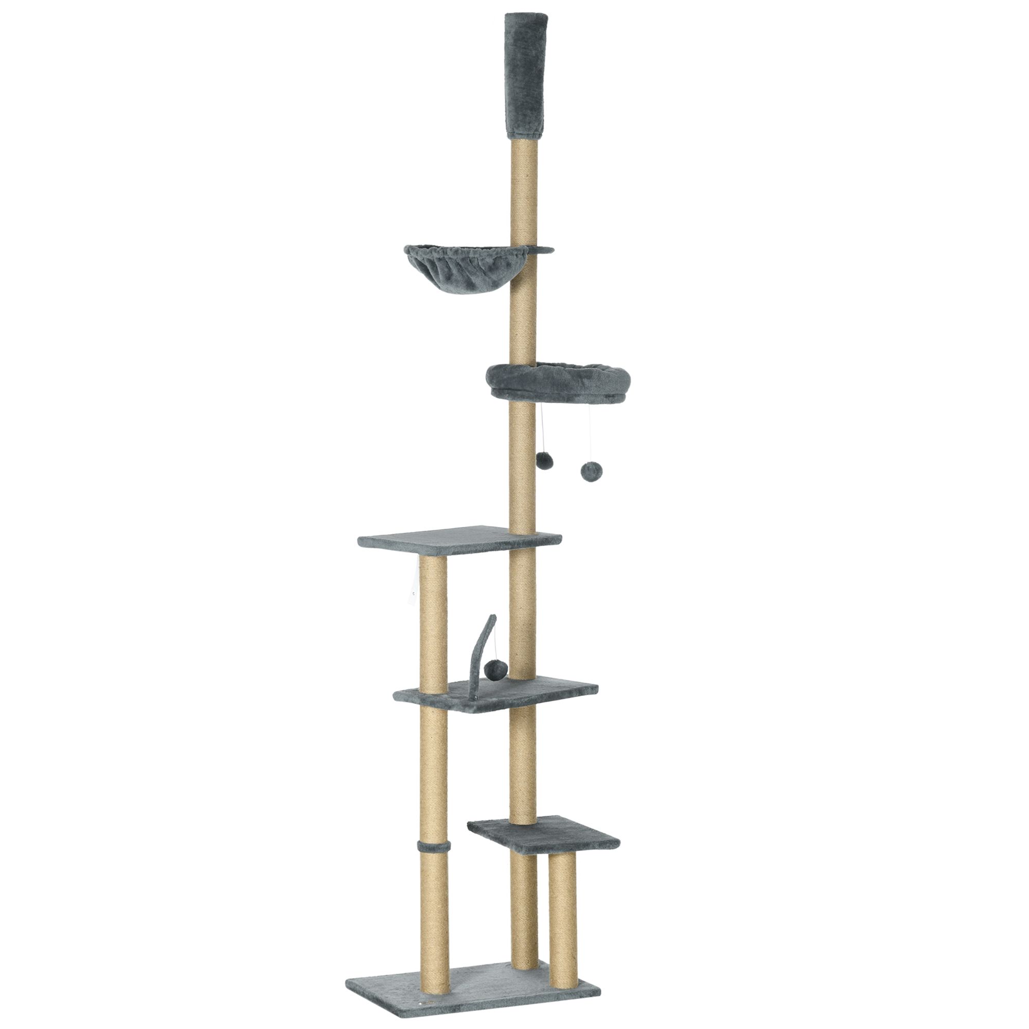 Adjustable Floor to Ceiling Cat Tree, 90.5"-98.5" H Grey Cat Tower with Plush Hammock, Bed, Scratching Posts & Perches, Multi-Level Pet Climber for Living Room or Bedroom