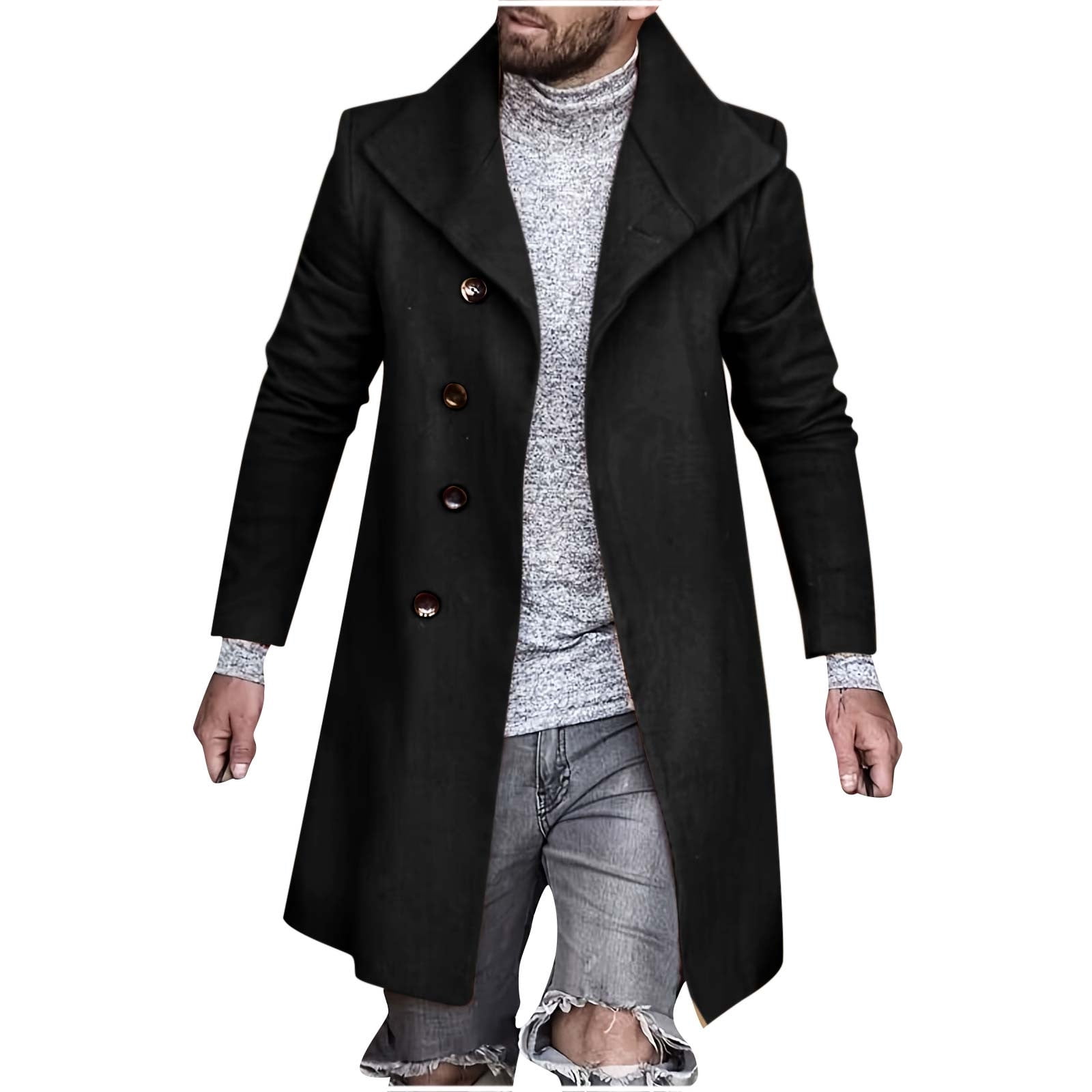 Penkiiy Men's Wool Blend Pea Coat Notched Collar Single Breasted