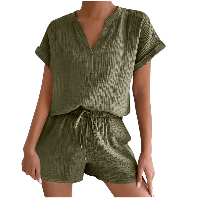 Yuyuzo Short Sets for Women Short Sleeve Shirts Drawstring High Waisted Shorts Lounge Sets