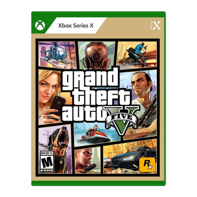 Grand Theft Auto V (Xbox Series X) Couverture de Jeu Mettant en Vedette un collage de Scènes d'Action Incluant un Hélicoptère, un Homme avec un Masque à Gaz, un Motocycliste, un Chien Qui Aboie, une Personne sur un jet ski et une Voiture de Sport Noire, avec le Titre du Jeu Centré et le logo des Jeux Rockstar dans le Coin Inférieur Droit.