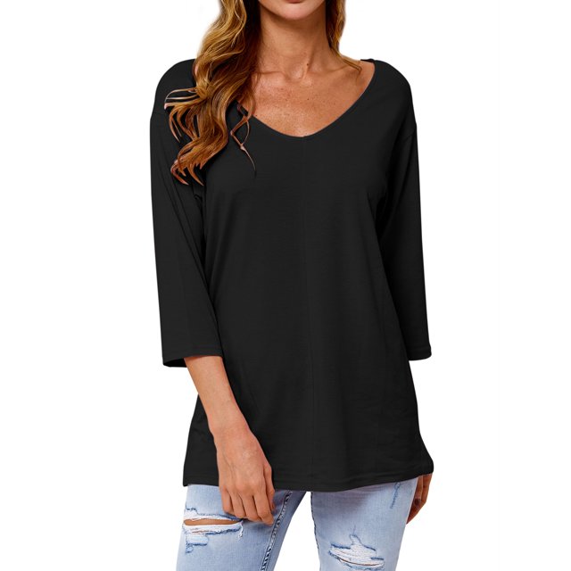 Women 3/4 Sleeve V Neck Plain Pullover Solid Color Top