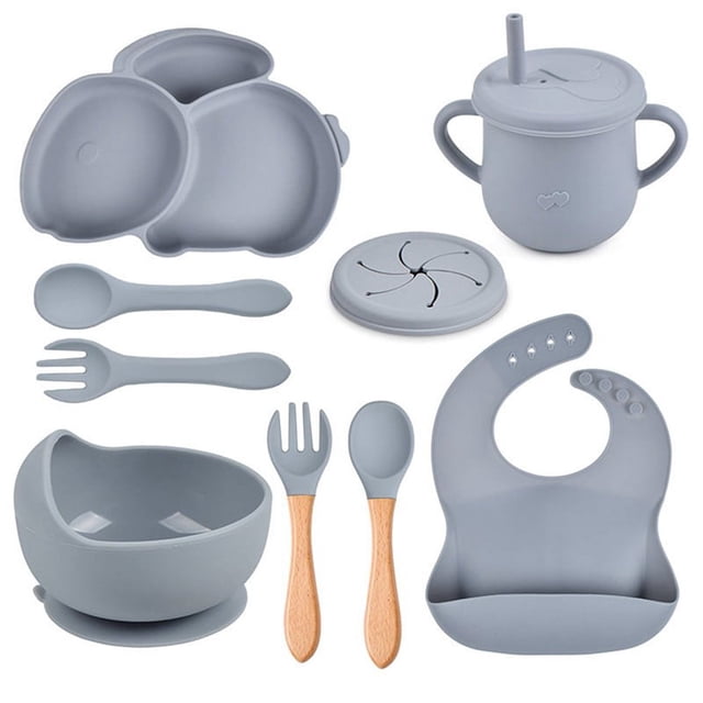 AMERTEER 9Pcs Children‘S Silicone Tableware Set Baby Non-Slip Divided Children‘S Plate Bowl With Suction Cup