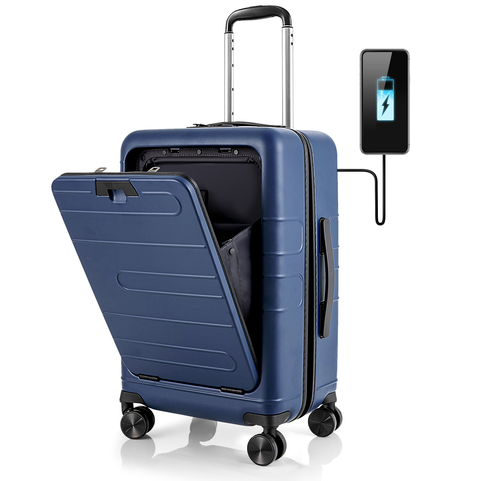 Costway 20" Carry-on Luggage PC Hardside Suitcase TSA Lock with Front Pocket & USB Port Navy
