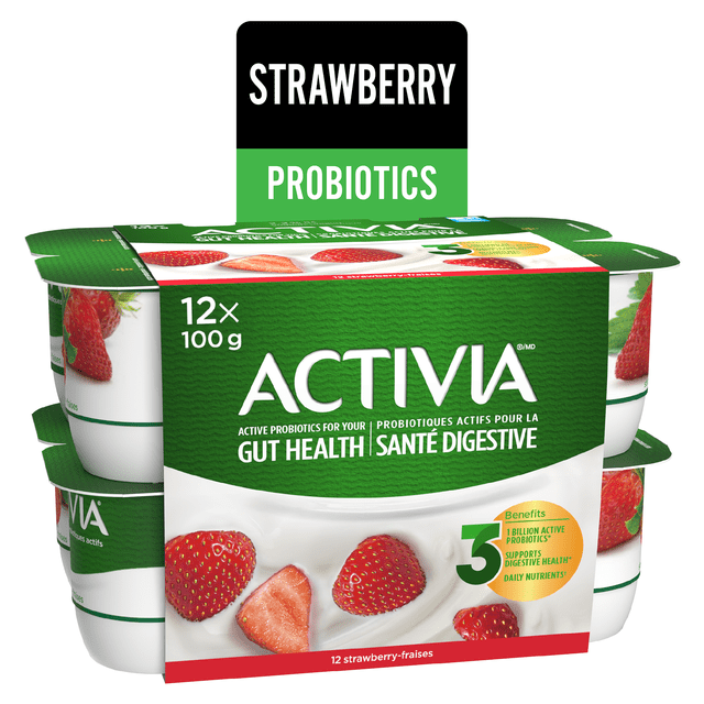 Activia Probiotic Yogurt Strawberry 12-pack with 100g containers, featuring green and white packaging with images of fresh strawberries and creamy yogurt, containing over 1 billion active probiotics per serving to support gut health and digestive wellness.