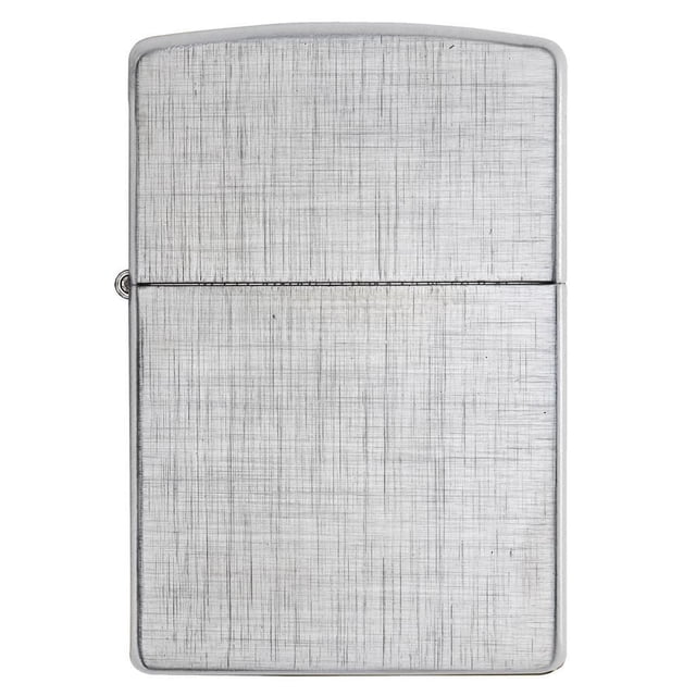 Zippo Linen Weave (28181) Briquet Coupe-Vent avec Fini chrome Brossé Présentant un Motif de Tissage en Lin Texturé sur la surface Métallique, Conception Rechargeable Idéale pour le camping et l'Utilisation Extérieure, Montré dans une Vue Centrée Orientée vers l'Avant sur Fond Blanc.