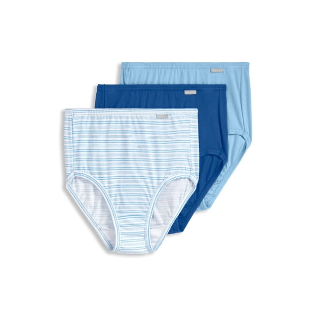 Jockey Women's Elance Brief - 3 Pack of women's cotton briefs in light blue, dark blue, and striped blue designs. Crafted with 100% combed, ring-spun cotton for breathable softness, featuring a full-rise fit, full coverage, and fabric-covered waistband and leg openings for comfort. Ideal for everyday wear.
