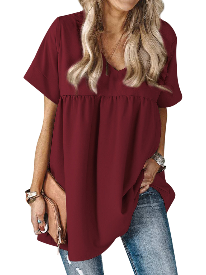 Women Ruching Stitching V Neck Short Sleeves Solid Color Summer Shirt