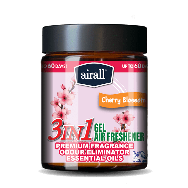 Airall 3 in 1 Air Freshener Jar Cherry Blossom scent in a brown gel container with a black lid, featuring floral graphics and text highlighting premium fragrance, odour eliminator, essential oils, and biodegradable formula safe for people and pets, lasting up to 60 days.