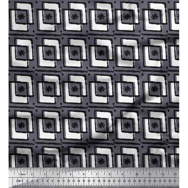 Soimoi Polyester Crepe Fabric Square & Floral Block Decor Fabric Printed Yard 52 Inch Wide