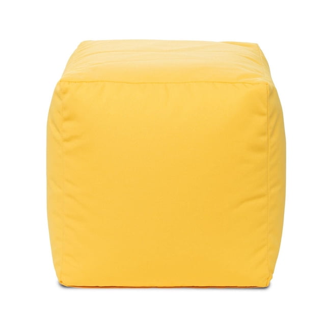 Gouchee Home Cube Soleil Outdoor/Indoor Yellow Ottoman Pouf, a 16-inch lightweight cube with water-repellent Olefin fabric and high-density polystyrene bead filling, shown front-facing on white background, ideal as kids' bean bag chair, footrest, or extra seating.