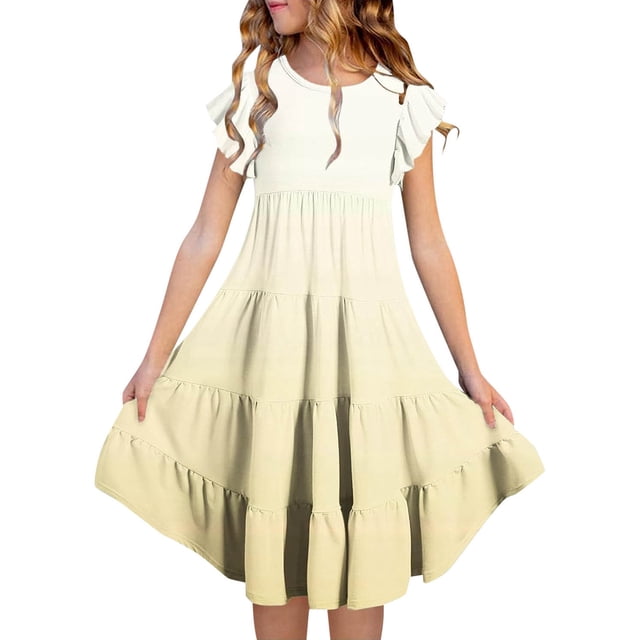 HNMKIU Robes pour Petite Fille à Manches Longues Robe d'Été Dégradé Décontractée et Confortable pour Filles (6 15 Ans) Jaune,8-9 Ans