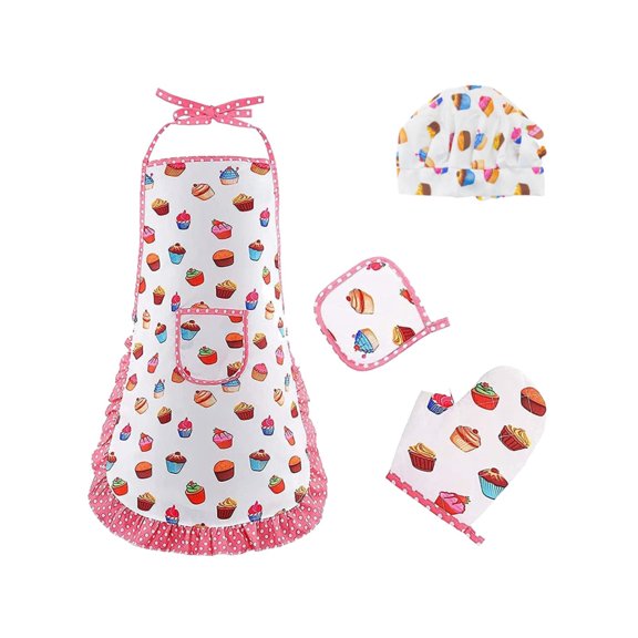 Piwvid Kids Kitchen Apron Set for Girls Age 2-6, Includes Chef Hat, Glove, Pot Holder, Cooking and Baking Bib, Painting Training Wear, Boys and Girls Kitchen Clothes
