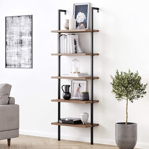 Nathan James Theo 5-Shelf Bibliothèque moderne en bois de chêne, étagère à montage mural ouvert avec cadre en métal noir industriel