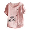 thumbnail image 4 of Pisexur Oversize Blouses pour Femmes 2024 Pissenlit Coton Lin Tops Manches Courtes Chemisier Col Rond Bouton T-Shirts Tunique d'Été Tops T-Shirts Décontractés, 4 of 5