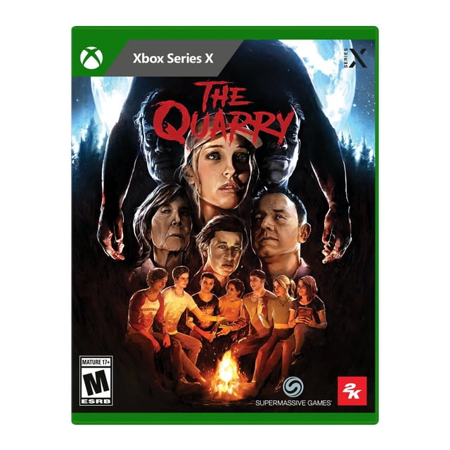 La Carrière Xbox Series X Couverture de Jeu Montrant des Adolescents Autour d'Un Feu de Camp la Nuit avec une Figurine Sombre Imminente derrière Eux et le Titre en Rouge, Représentant un Jeu d'Horreur Action-Aventure pour Xbox Series X.