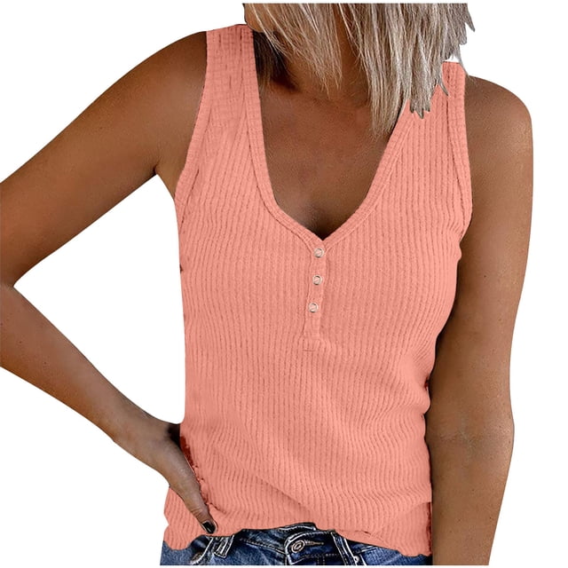 Timegard Tank Tops for Women Ribbed Deep V-Neck Button Slim Casual Sleeveless Shirts Basic Cami Top in a soft coral color. Features a ribbed texture, deep V-neckline with button accents, and sleeveless design. Made from a blend of polyester and spandex for a lightweight, elastic, and skin-friendly feel. Ideal for summer wear and styled with denim shorts for a casual look.