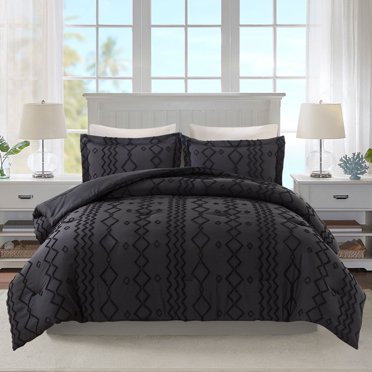 JML Tufted King Comforter Set 3 Pieces, Jacquard Boho Tufts Bedding Set - All Season Duvet and 2 Pillow Shams Bed Sets, Black