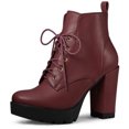 thumbnail image 1 of Unique Bargains Bottes à Plateforme à Lacets à Talon Épais à Bout Rond pour Femme Bourgogne US 6, 1 of 6