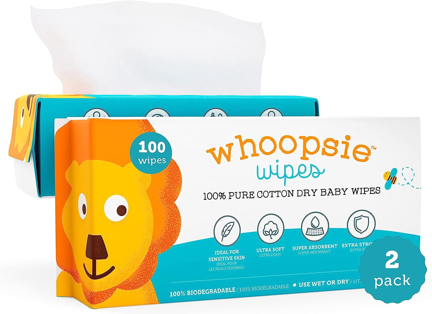 Whoopsie Wipes – The Original 100% Pure Cotton Dry Baby Wipes – Ultra Soft, Unscented, Chemical-Free Wipes for Sensitive Skin – Use Dry or Add Water for Wet Wipes – 2 Packs (200 Count)