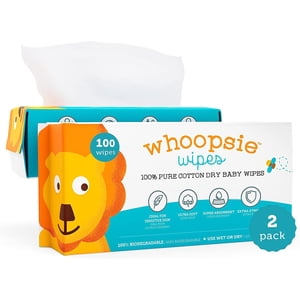 Whoopsie Wipes – The Original 100% Pure Cotton Dry Baby Wipes – Ultra Soft, Unscented, Chemical-Free Wipes for Sensitive Skin – Use Dry or Add Water for Wet Wipes – 2 Packs (200 Count)