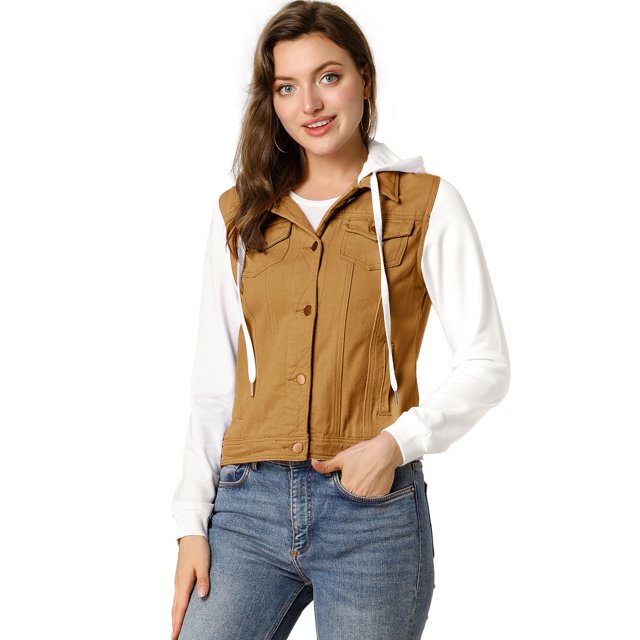 INSPIRE CHIC Women's Denim Jacket Button Down Long Sleeve Drawstring Hood Jean Jackets S Tan