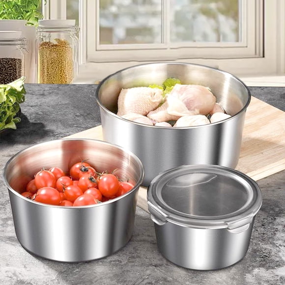 Cagogo under $5 3Pcs Stainless Steel Bowl, Stainless Steel Salad Bowl with Lid, Fresh Keeping Box Sealed Container, Cooking Mixing Bowl Set, Portable Food Storage Bowl