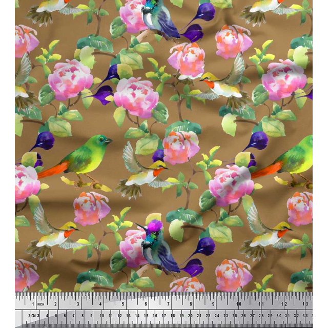 Soimoi Rayon Fabric Leaves,Floral & Hummingbird Bird Print Fabric by Yard 42 Inch Wide