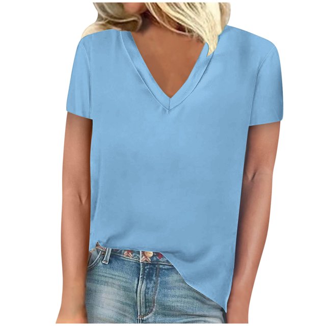 FAIWAD Womens Summer Tops Short Sleeve V Neck Pullover Shirts Loose Casual Solid Color Basic Tops