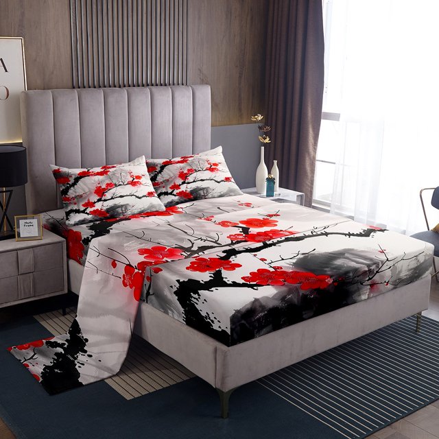 Erosebridal Ensemble de Draps à Fleurs Rouges Format Double, Draps à Fleurs Vintage Double, Ensembles de Draps Double à Encre Aquarelle, Décor de Chambre en Microfibre, 4 Pcs