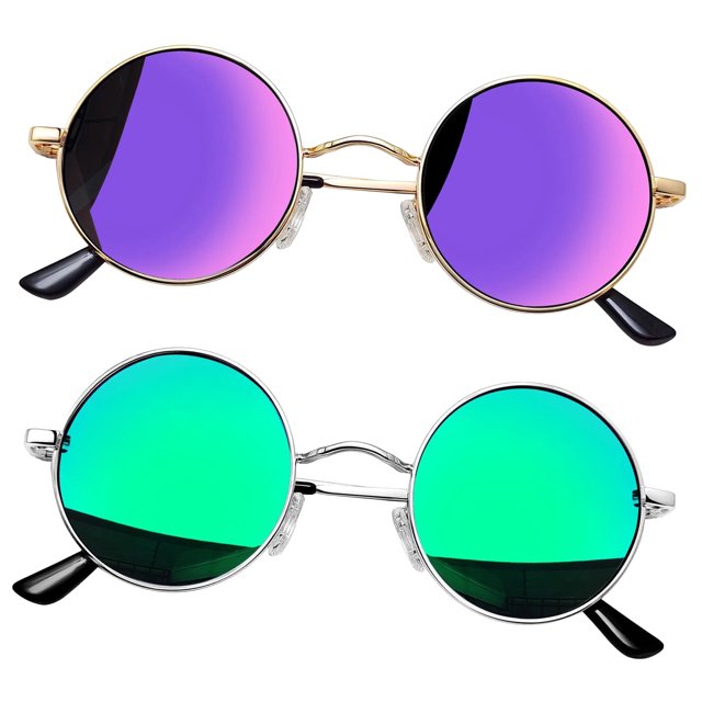 Joopin Lunettes de Soleil Rondes Hippie pour Femmes Hommes Lunettes de Soleil Rondes Protection UV400 (Vert Miroir + Violet Miroir)