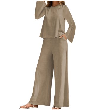 Pisexur Women's 2 Piece Outfits Textured Casual Sweatsuit Long Sleeve Pullover Tops Wide Leg Pant Lounge Set