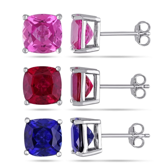 Tangelo Created Ruby and Created Blue and Pink Sapphire Sterling Silver 3-Piece Stud Earrings Set with cushion-cut 8mm created pink sapphire, created ruby, and created blue sapphire gemstones set in sterling silver with butterfly back closures, shown from front and side views, suitable for adding colorful elegance to any jewelry collection.