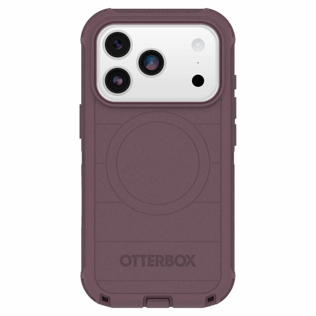 OtterBox Defender Pro MagSafe Case w/Camera Control Trailhead in purple for iPhone 17 Pro, with tri-layer protection including silicone outer cover, rigid inner shell, memory foam backing, textured grip, reinforced corners, integrated MagSafe magnets, and port covers to block dust, suitable for durable phone defense and MagSafe compatibility.