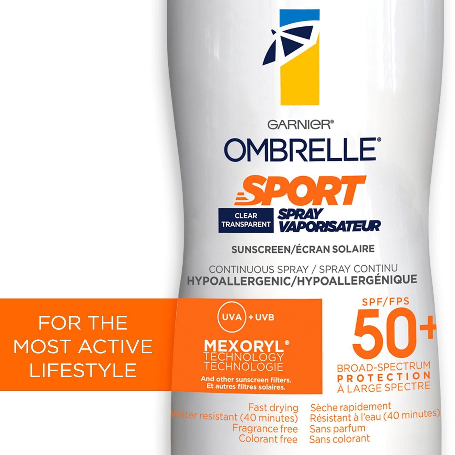 Garnier Ombrelle Spray solaire Sport, FPS 50+, résistant à l'eau et à la transpiration, large spectre de protection UVA/UVB, formule non grasse, séchage rapide, pour une utilisation active, 122 g