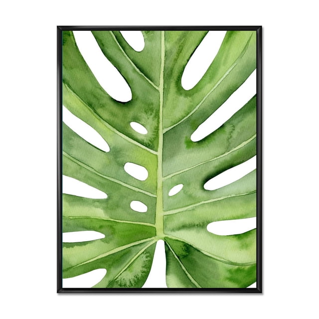 Designart Green Monstera Leaf Tropical Palm Botanical Detail FLOAT FRAME WALL ART showing a close-up of a green monstera leaf with natural holes and veins, printed on fade-resistant canvas stretched over a 1-inch wood sub frame with a black floating frame, gallery-wrapped edges, and ready to hang for home wall décor. It is also suitable for adding a tropical botanical accent to office or living spaces.